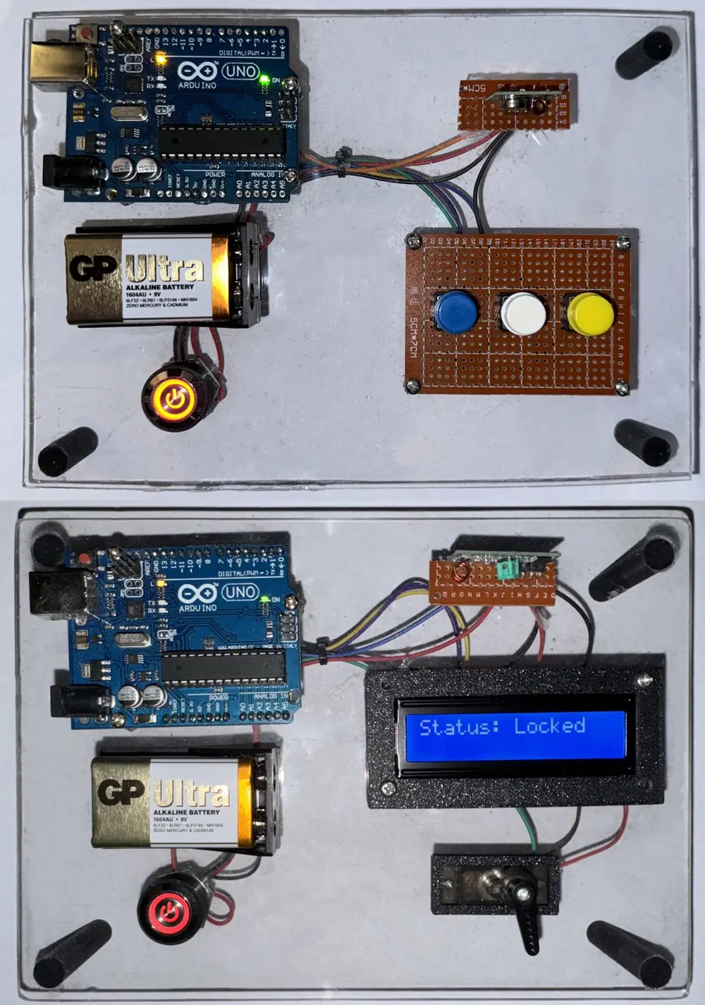 The finished transmitter and receiver boards; the receiver's LCD reads Status: Locked