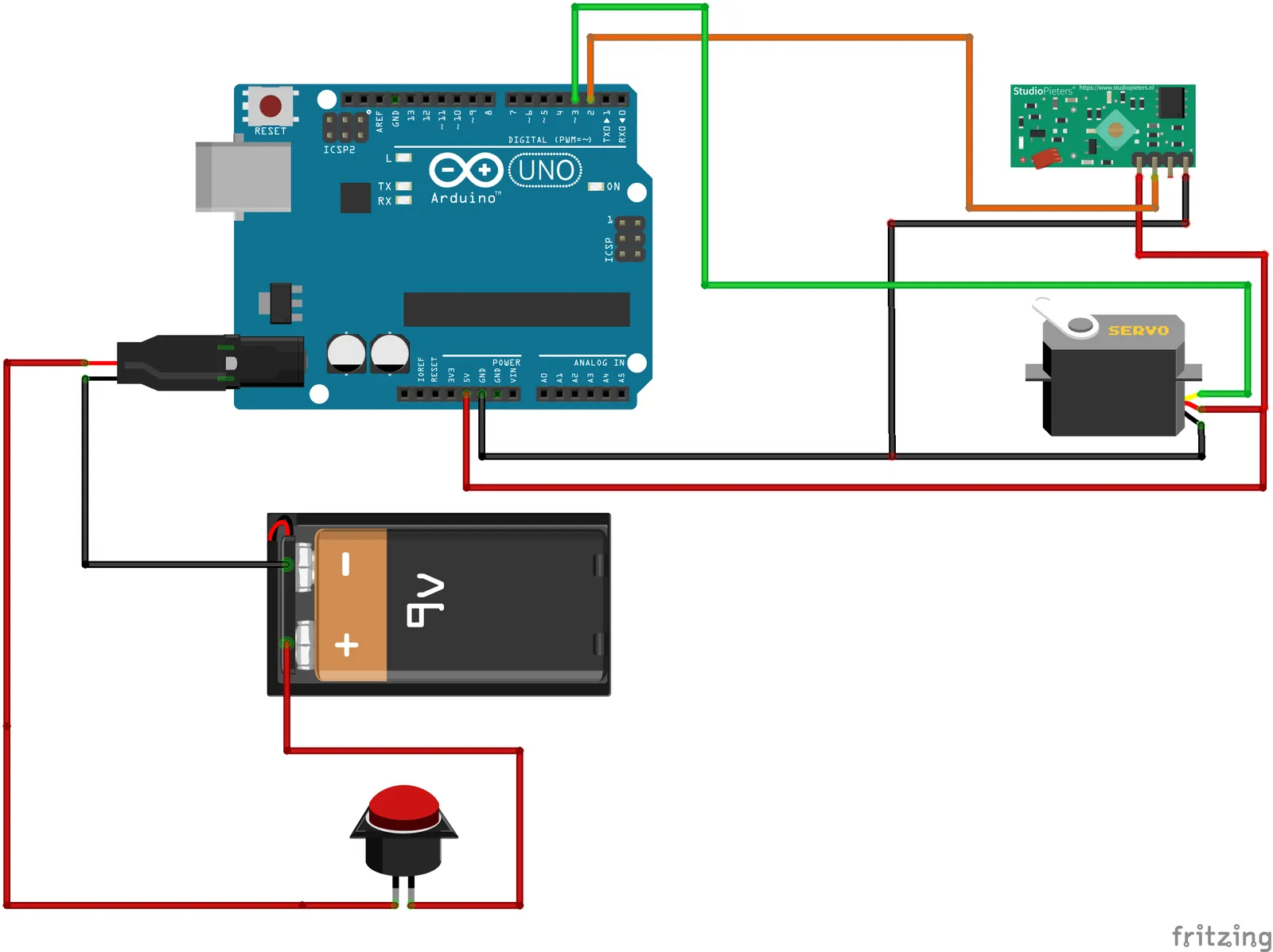 Wiring diagram of the Arduino receiver with RF module, servo and LCD